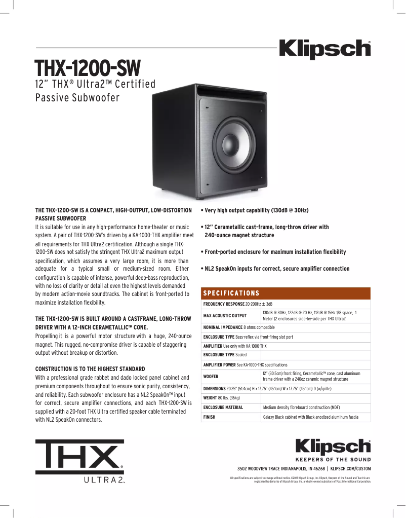 Page 1 de la notice Fiche technique Klipsch THX-1200-SW