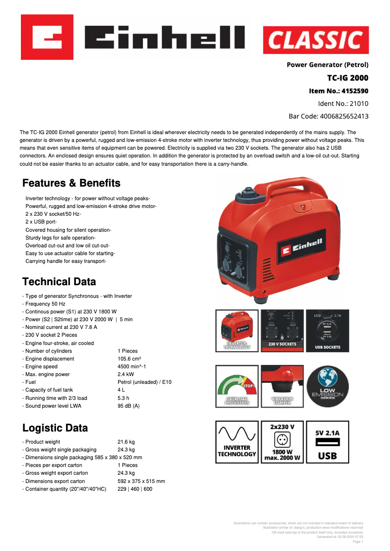 Page 1 de la notice Fiche technique Einhell TC-IG 2000