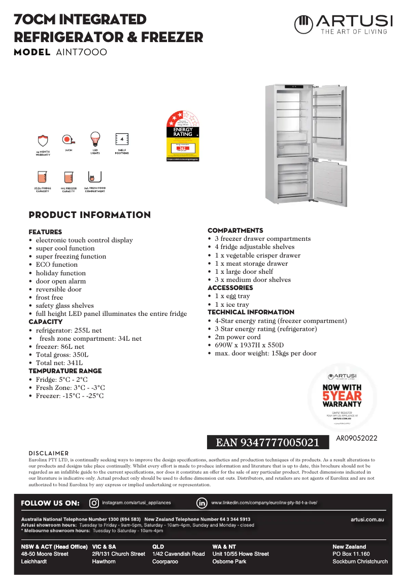 Página 1 del manual Ficha técnica Artusi AINT7000