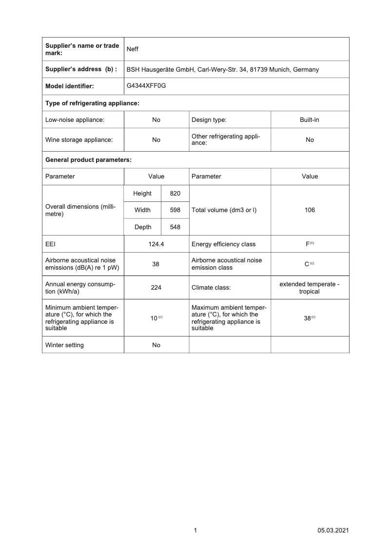 Page 1 de la notice Fiche technique Neff G4344XFF0G