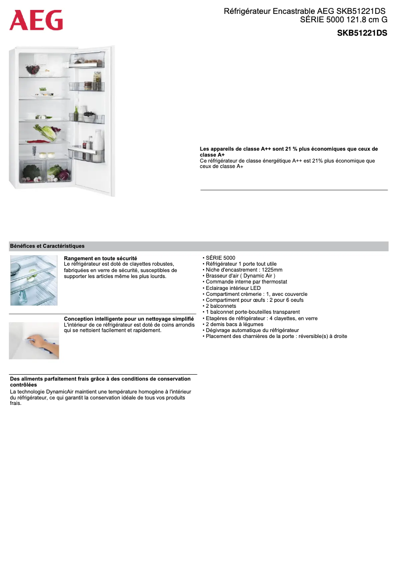 Page 1 de la notice Fiche technique AEG SKB51221DS