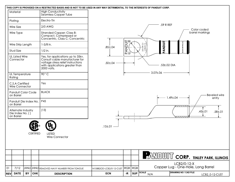 Page 1 de la notice Dessin technique Panduit LCB2/0-12-X