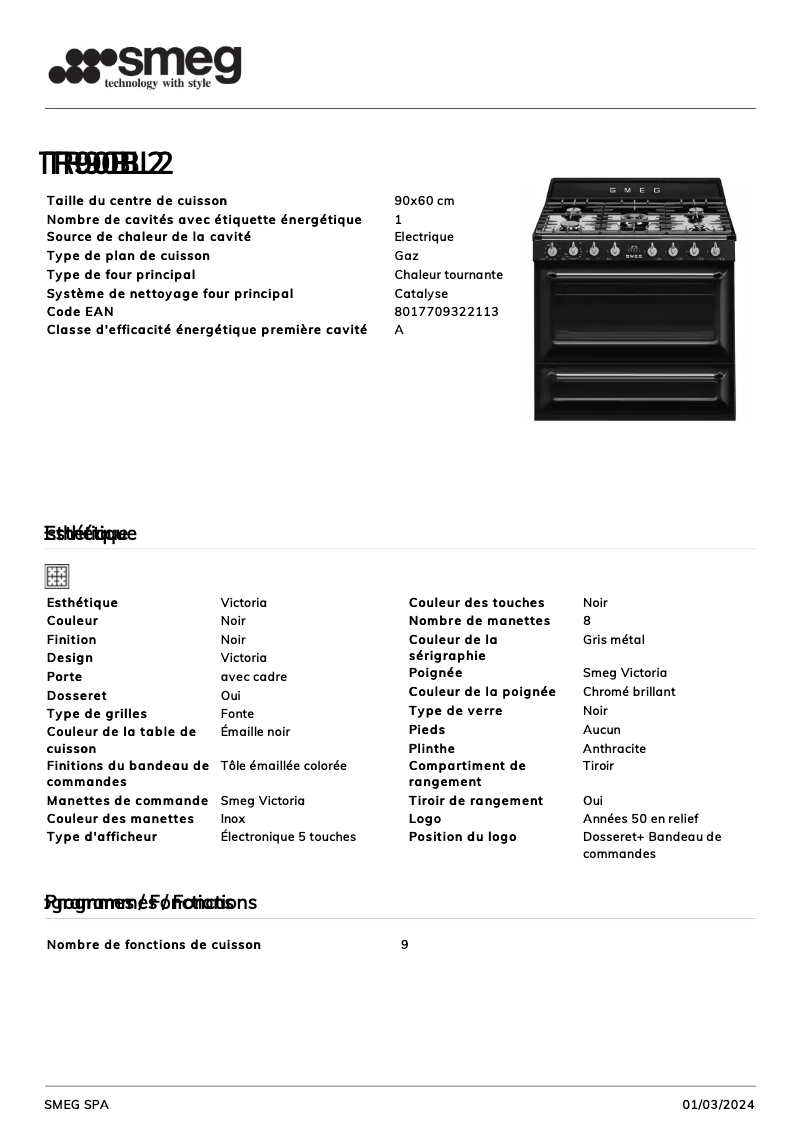 Página 1 del manual Ficha técnica Smeg TR90BL2