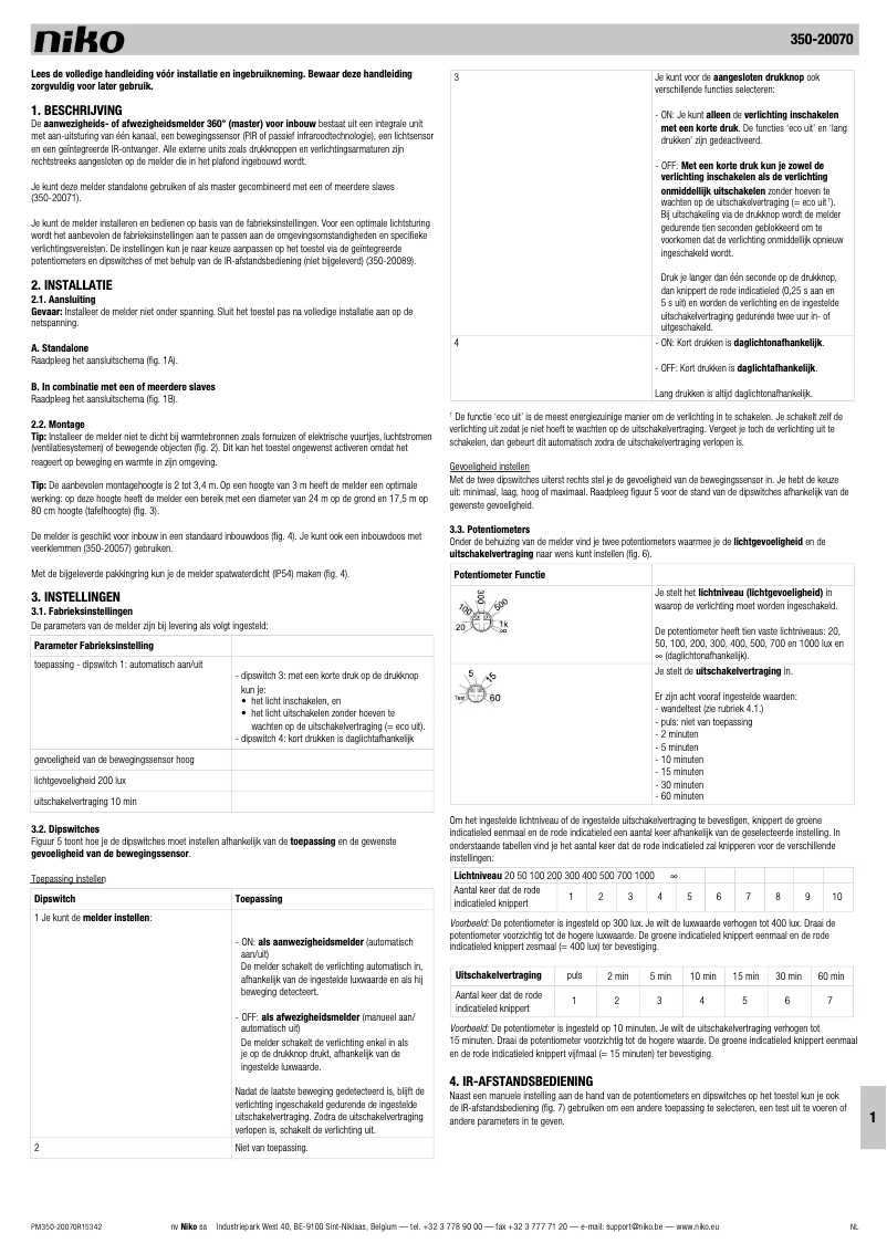 Page 1 de la notice Manuel utilisateur Niko 350-20070