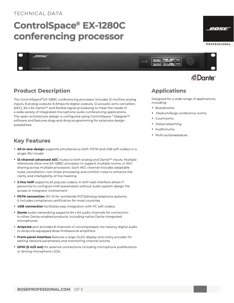 Page 1 of the manual Technical Sheet Bose ControlSpace EX-1280C