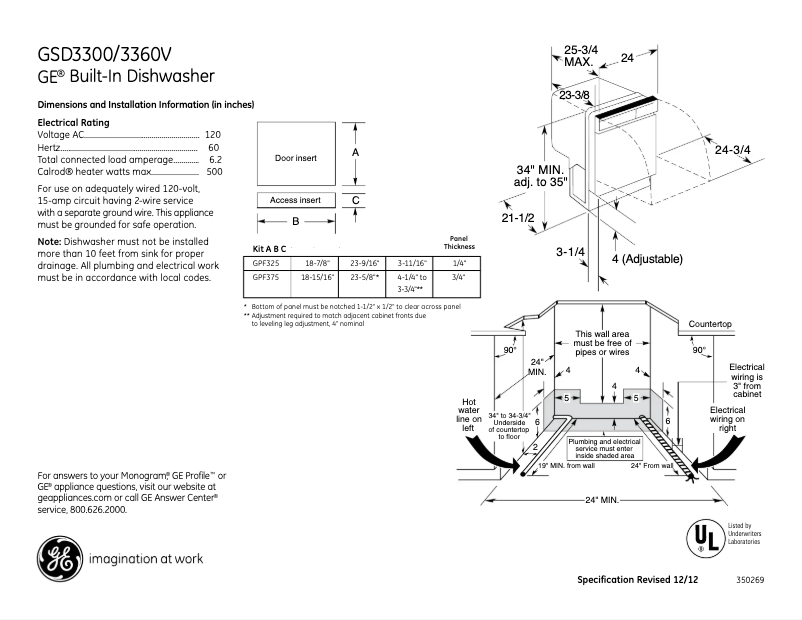 Page 1 de la notice Fiche technique GE GSD3300VWW
