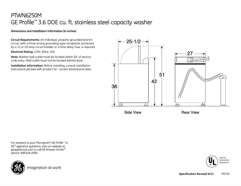 Página 1 del manual Ficha técnica GE PTWN6250MWT