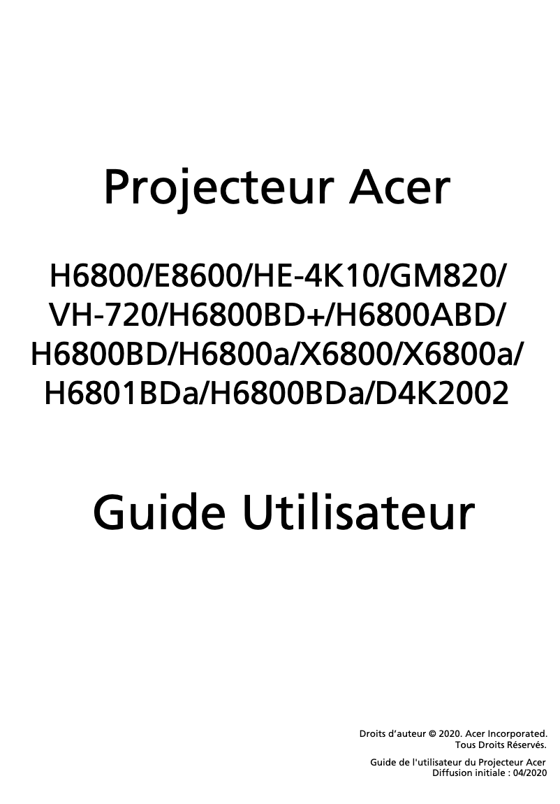 Page 1 de la notice Manuel utilisateur Acer H6800a