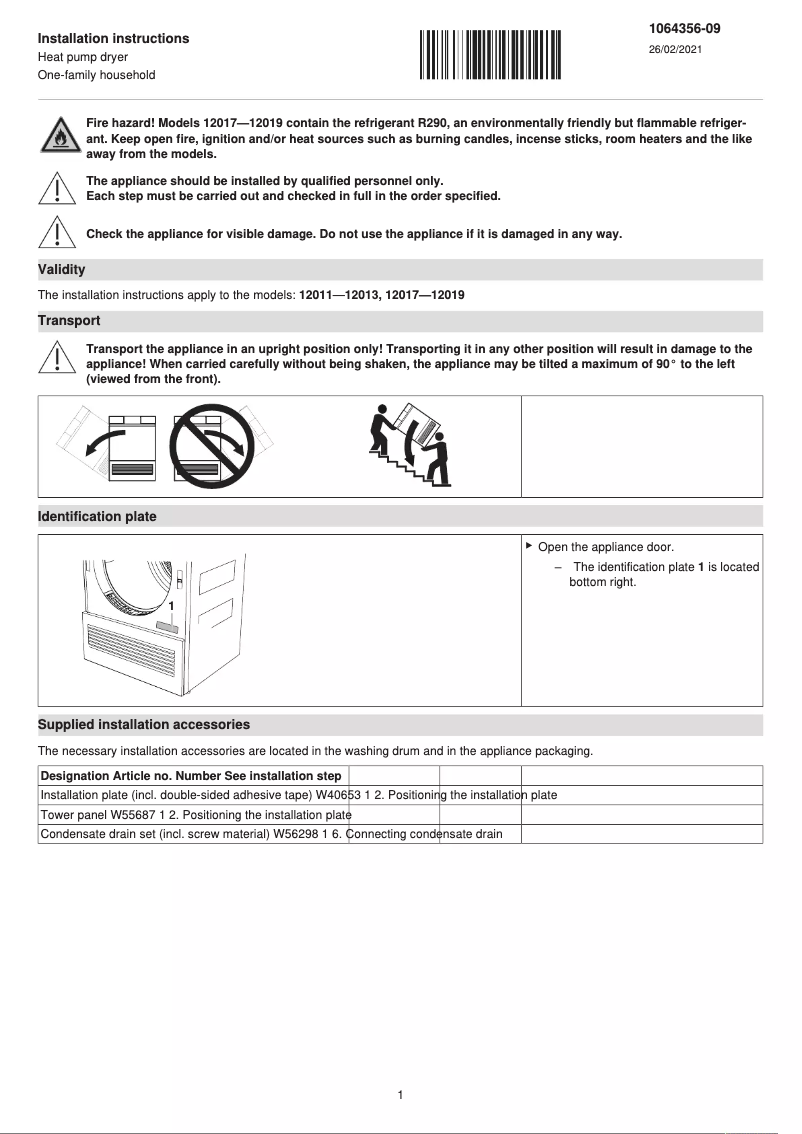 Page 1 de la notice Guide d'installation V-Zug AdoraDry V6000