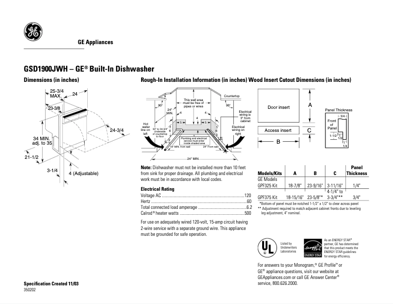 Page n°1 - Fiche technique GE GSD1900JWH