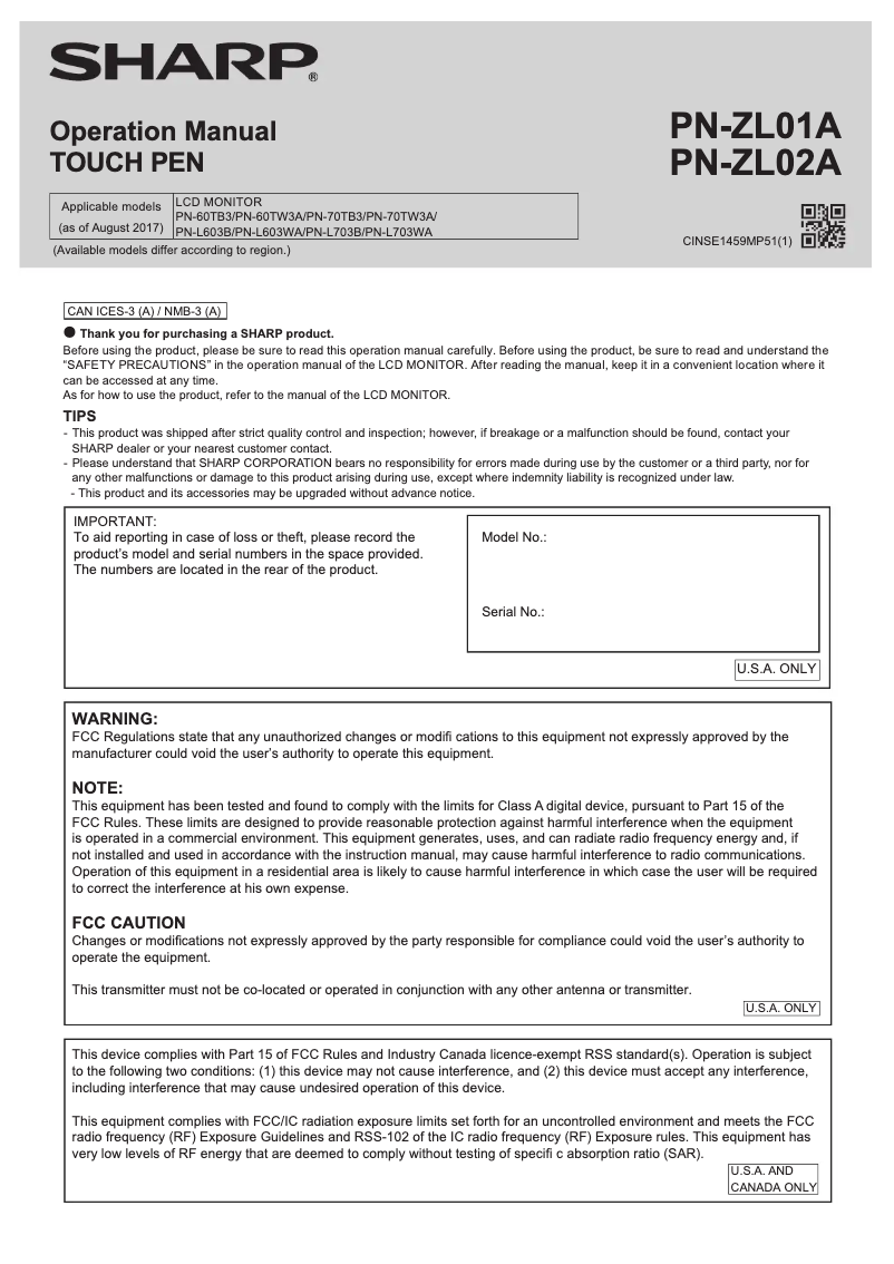 Página 1 del manual Manual de usuario Sharp PN-ZL01A
