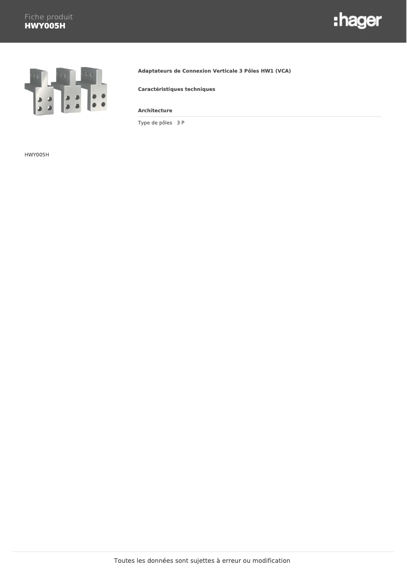 Page 1 de la notice Fiche technique Hager HWY005H