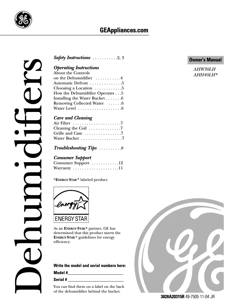 Page n°1 - Guide d'installation GE AHH40LH