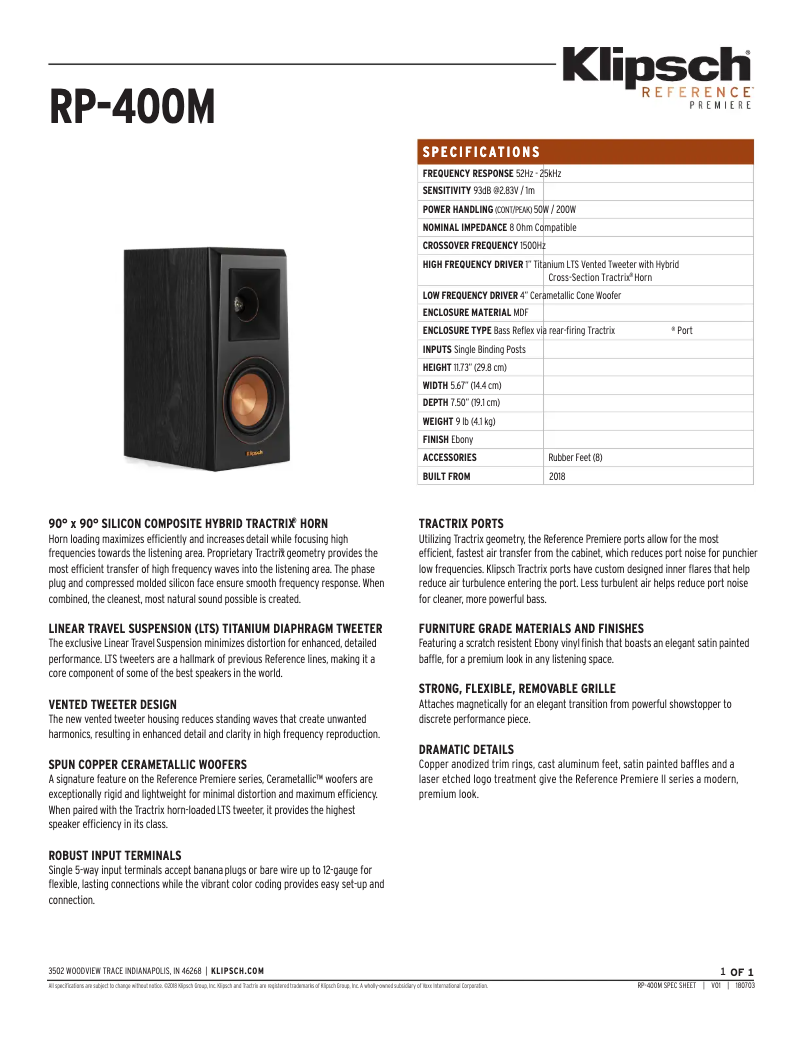 Page 1 de la notice Fiche technique Klipsch RP-400M