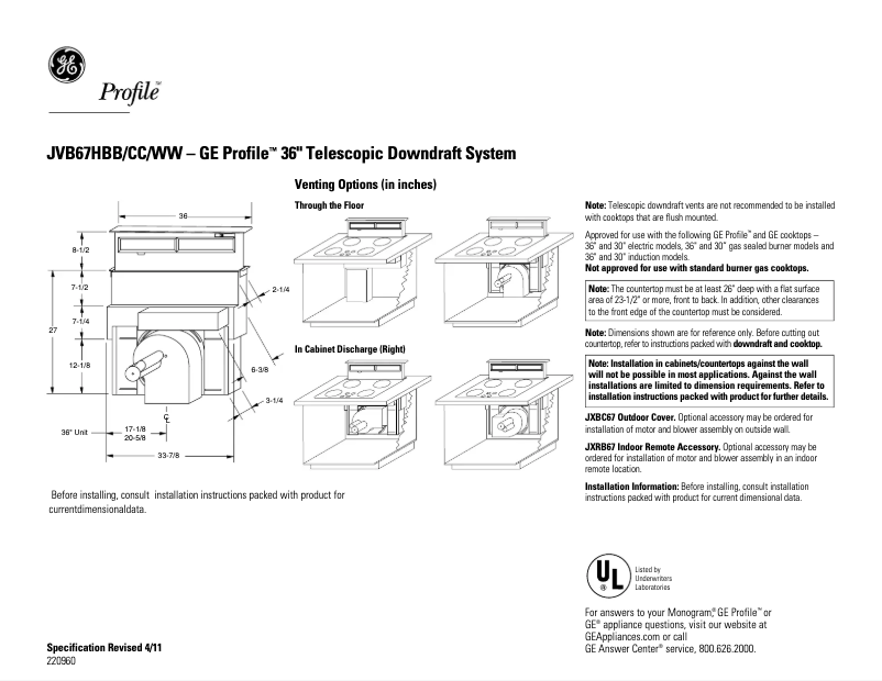 Page 1 de la notice Fiche technique GE Profile JVB67HCC