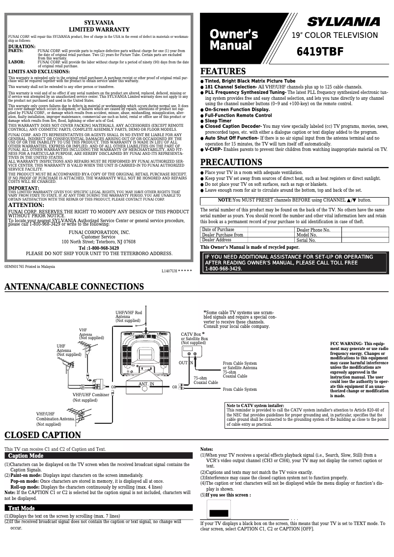 Page 1 de la notice Manuel utilisateur Sylvania 6419TBF