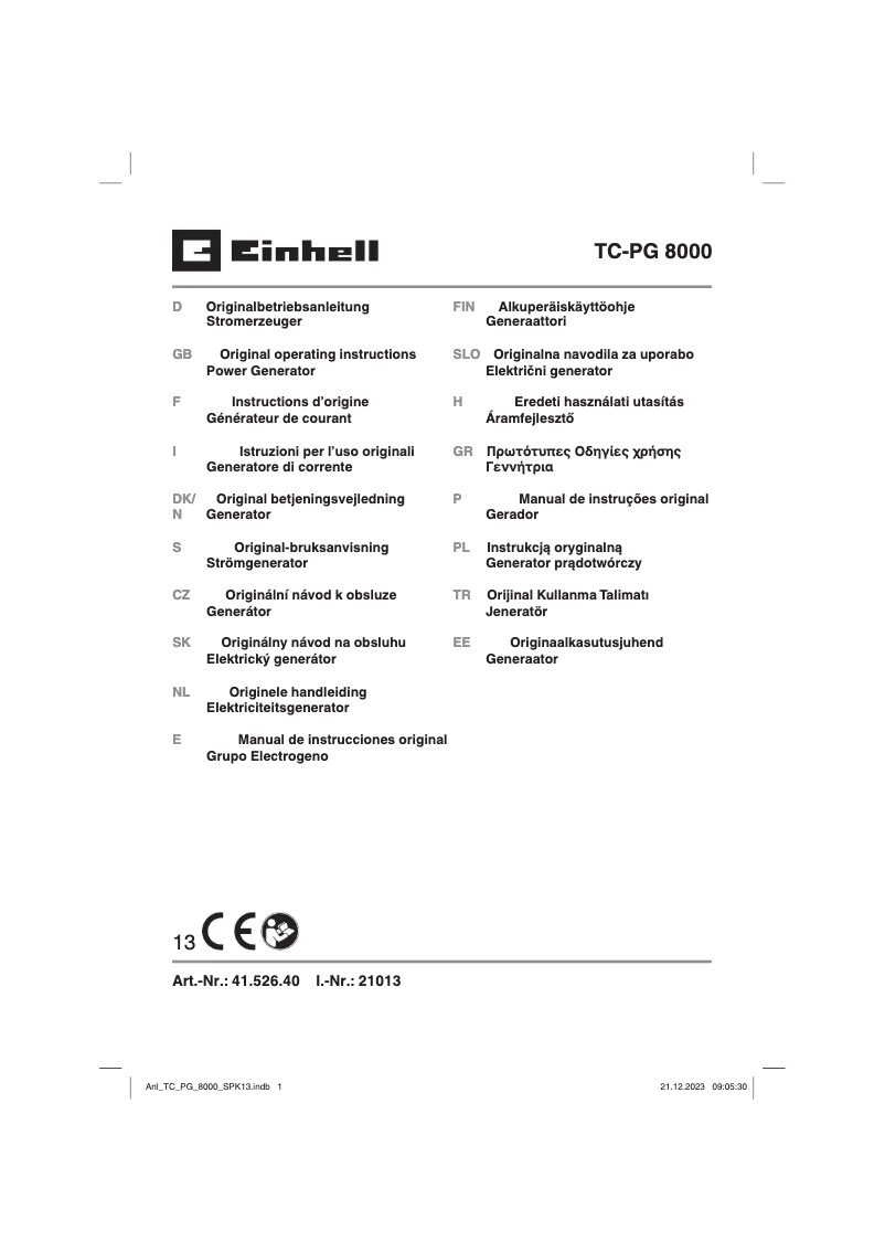 Page 1 de la notice Manuel utilisateur Einhell TC-PG 8000