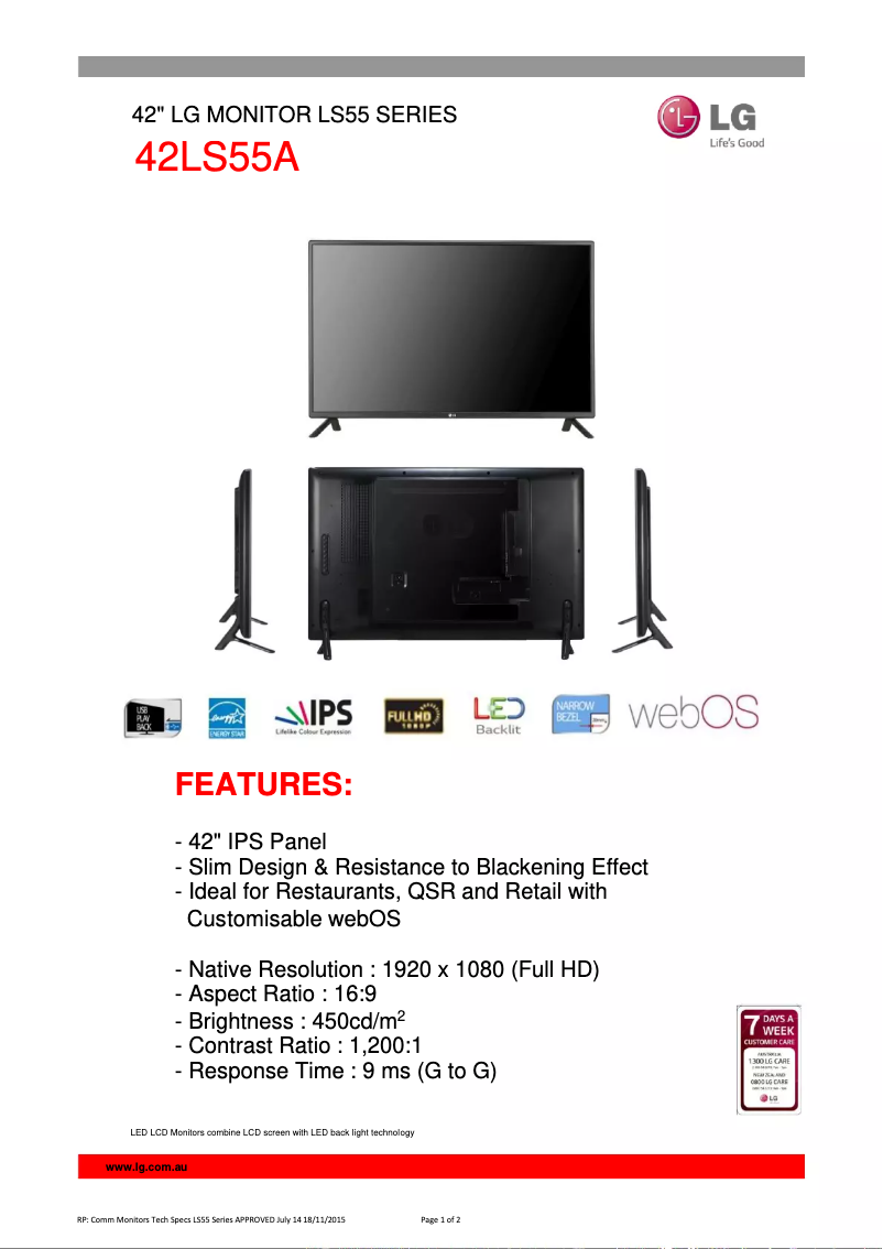 Page 1 of the manual Technical Sheet LG 42LS55A