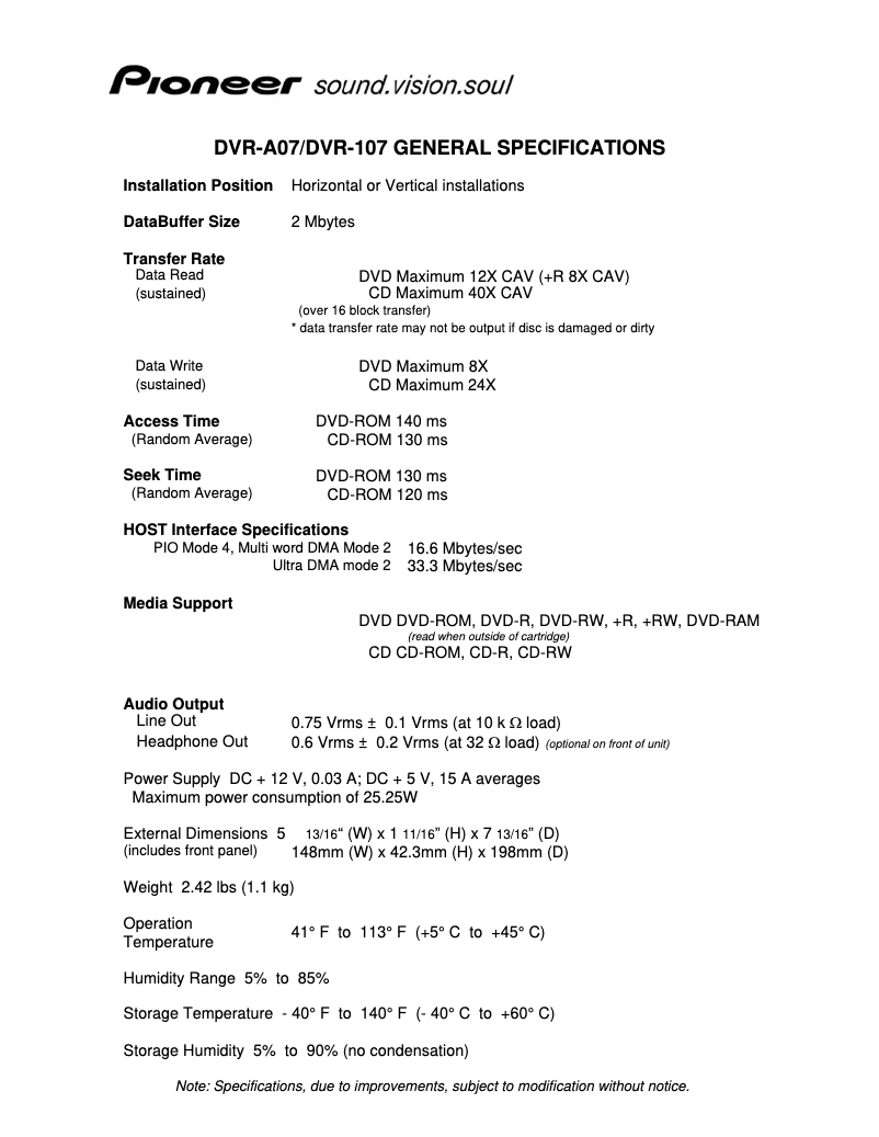 Page 1 de la notice Fiche technique Pioneer DVR-A07