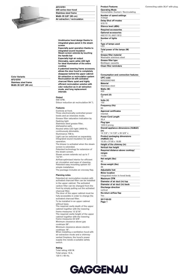 Page 1 de la notice Fiche technique Gaggenau AF210791