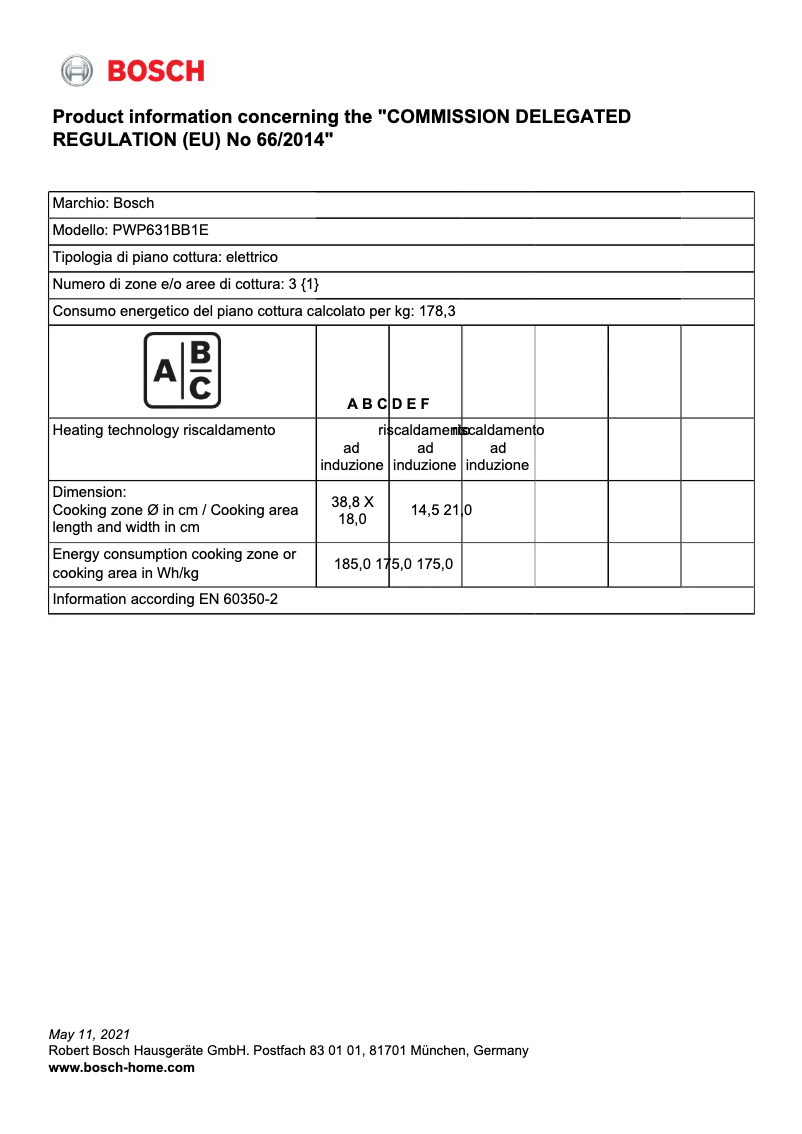 Page 1 de la notice Fiche technique Bosch PWP631BB1E