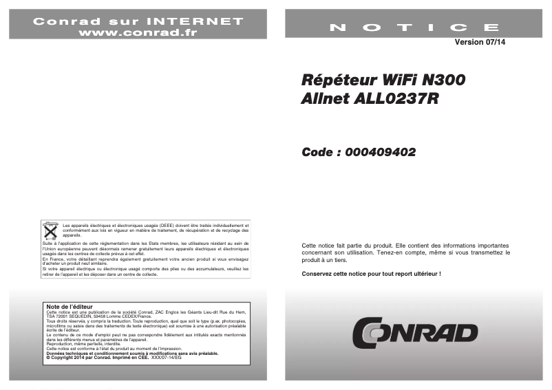Page 1 de la notice Manuel utilisateur Allnet ALL0237R