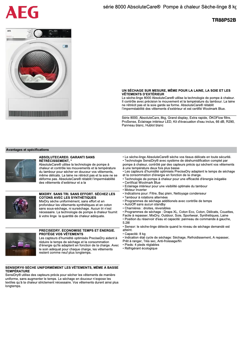 Page 1 de la notice Fiche technique AEG TR88P52B