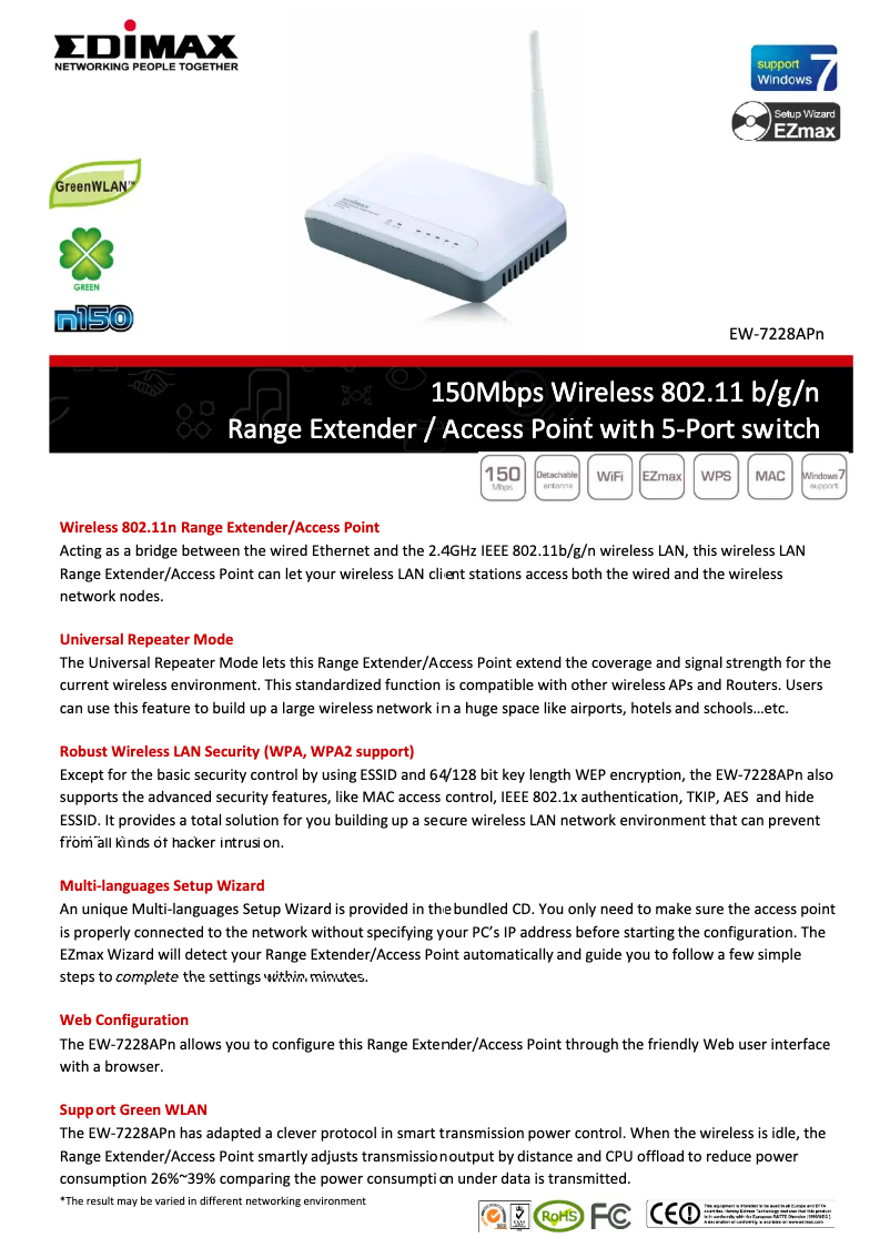 Page 1 de la notice Fiche technique Edimax EW-7228APn