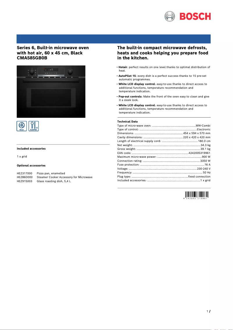 Page 1 de la notice Fiche technique Bosch CMA585GB0B