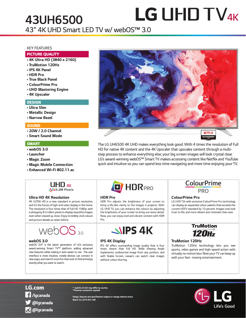 Page 1 de la notice Fiche technique LG 43UH6500