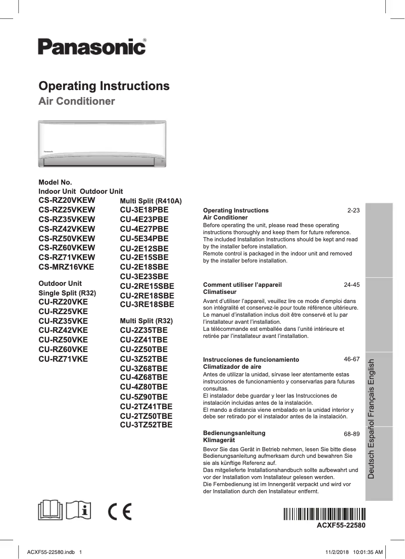 Page 1 de la notice Manuel utilisateur Panasonic CU-RZ42VKE