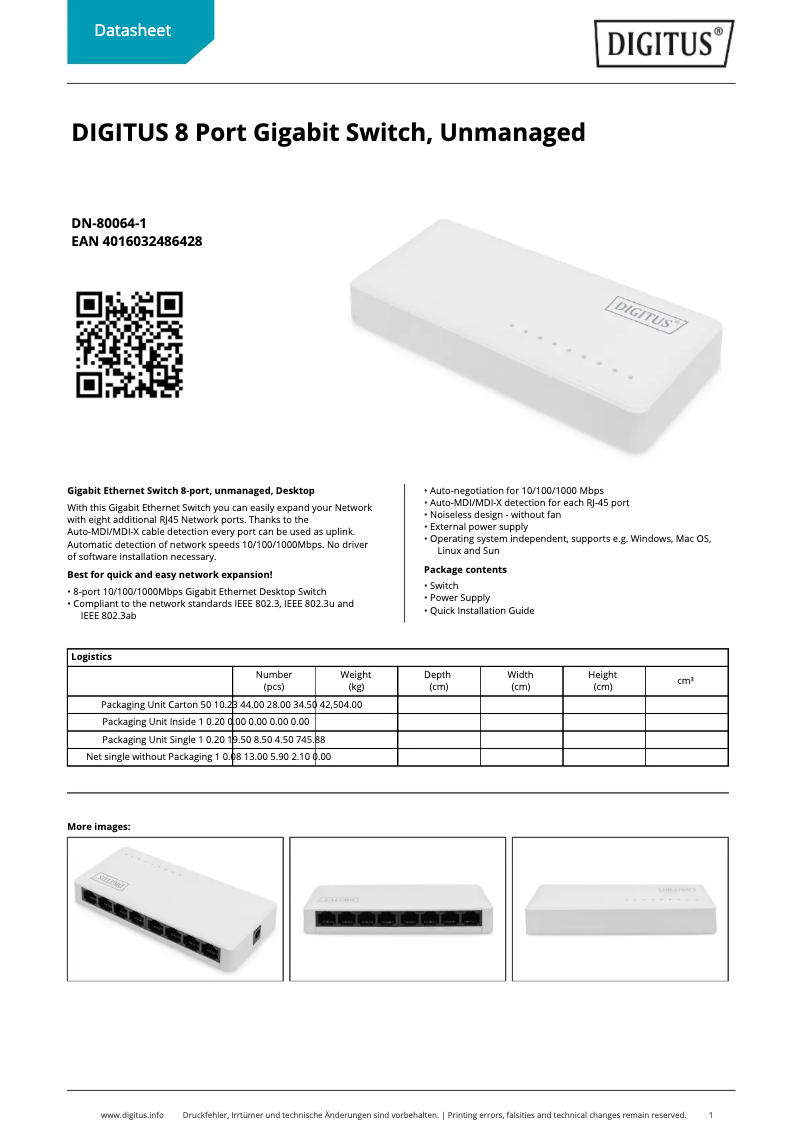 Page 1 de la notice Fiche technique Digitus DN-80064-1