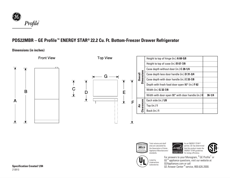 Página 1 del manual Ficha técnica GE PDS22MBRWW