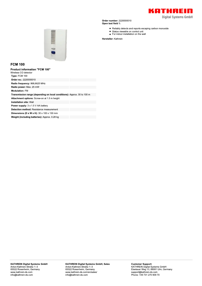 Page 1 de la notice Fiche technique Kathrein FCM 100