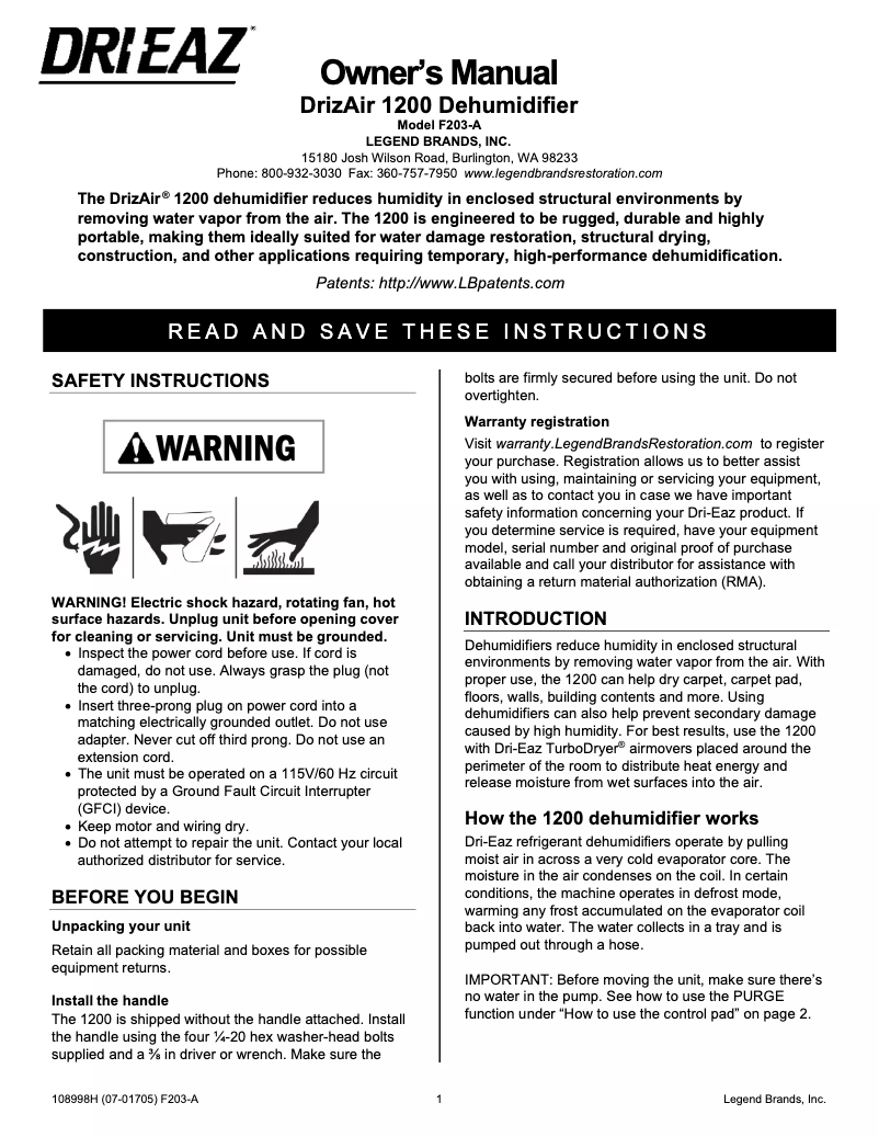 Page 1 de la notice Manuel utilisateur Dri Eaz HEPA 1200