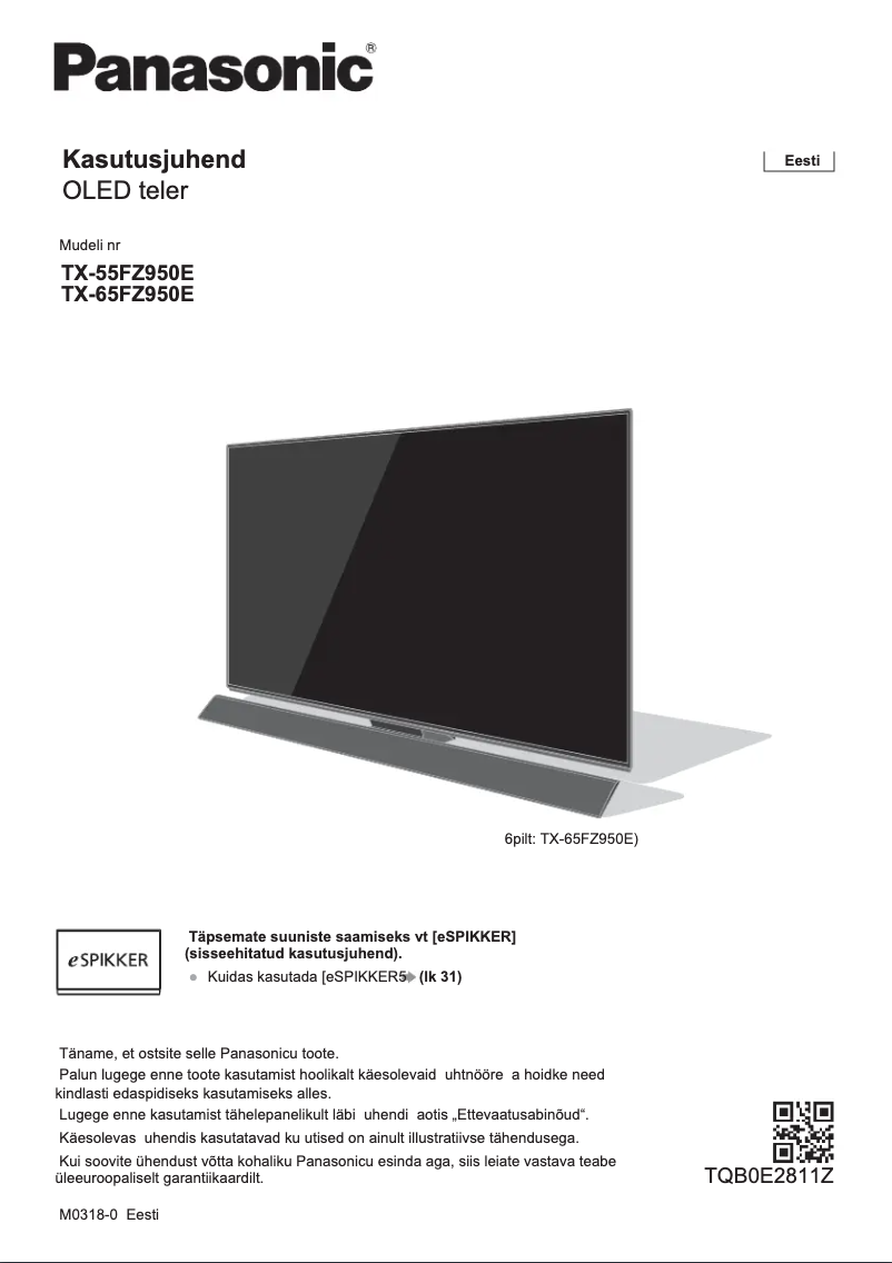 Page 1 of the manual Quick Start Guide Panasonic TX-65FZ950E