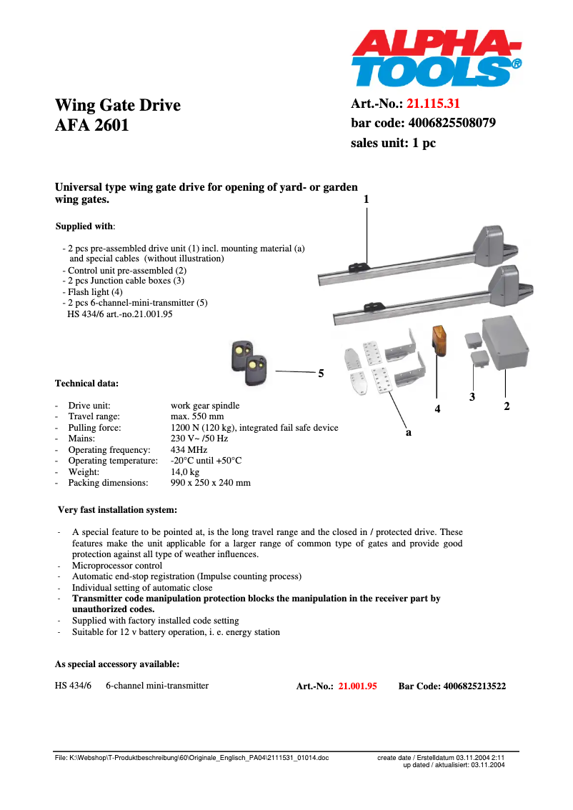 Page 1 de la notice Fiche technique Alpha Tools AFA 2601