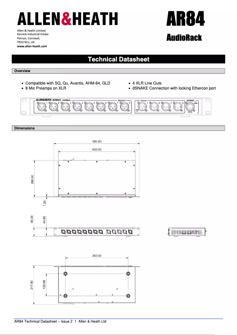 Page 1 de la notice Fiche technique Allen & Heath AR84
