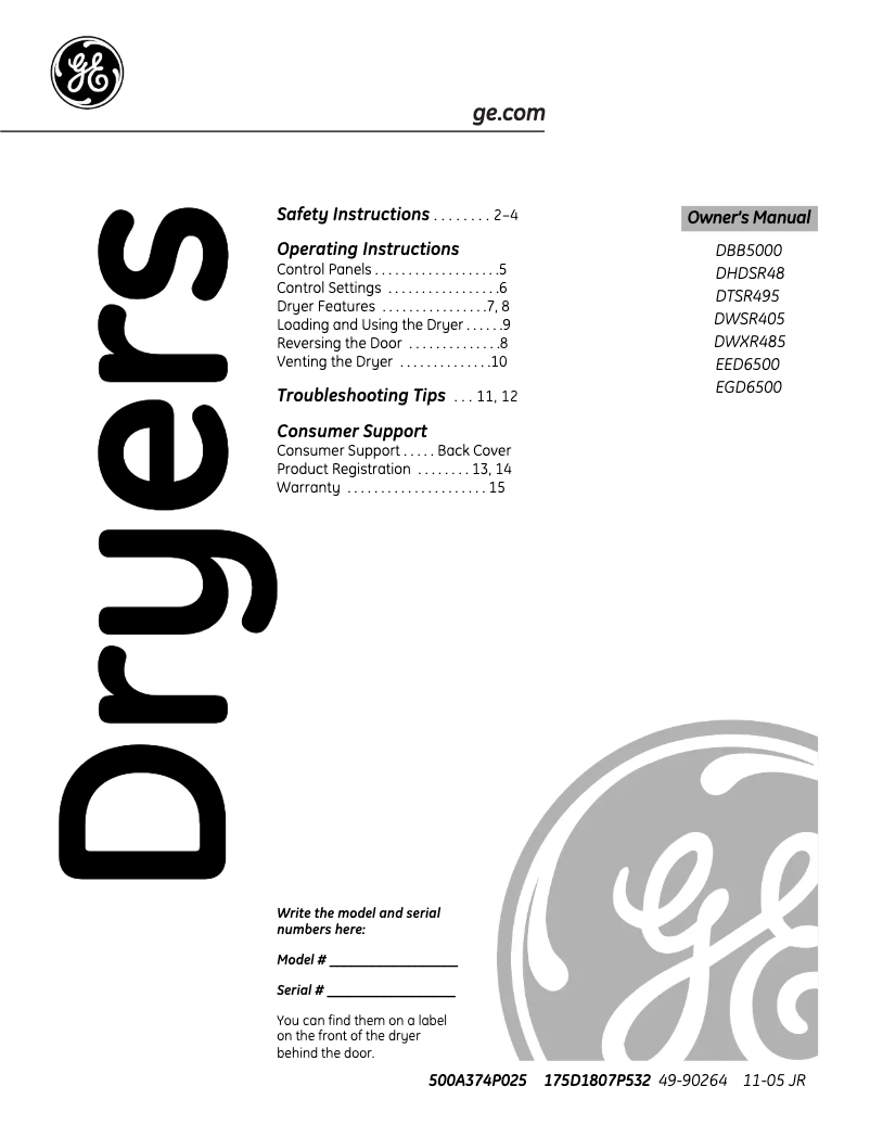 Page 1 of the manual Use and Maintenance Manual GE DWSR405GBWW