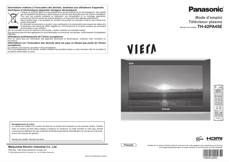 Page 1 de la notice Manuel utilisateur Panasonic Viera TH-42PA45E