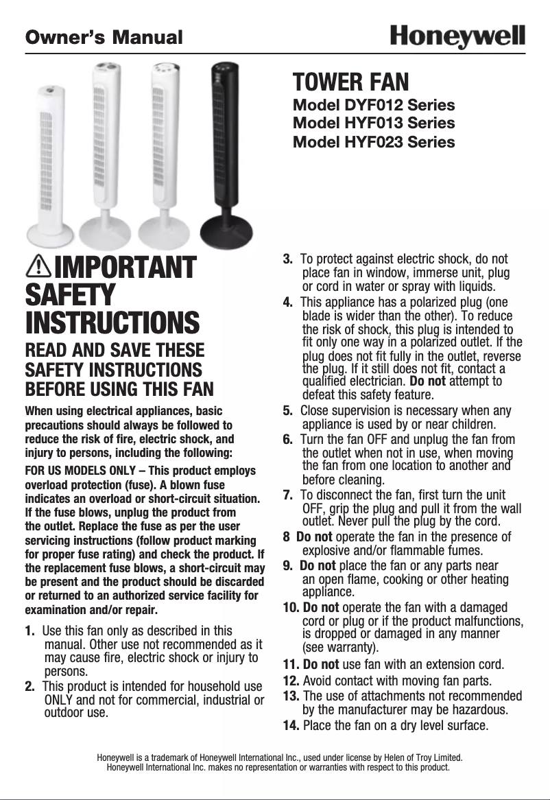 Page 1 de la notice Manuel utilisateur Honeywell HYF023