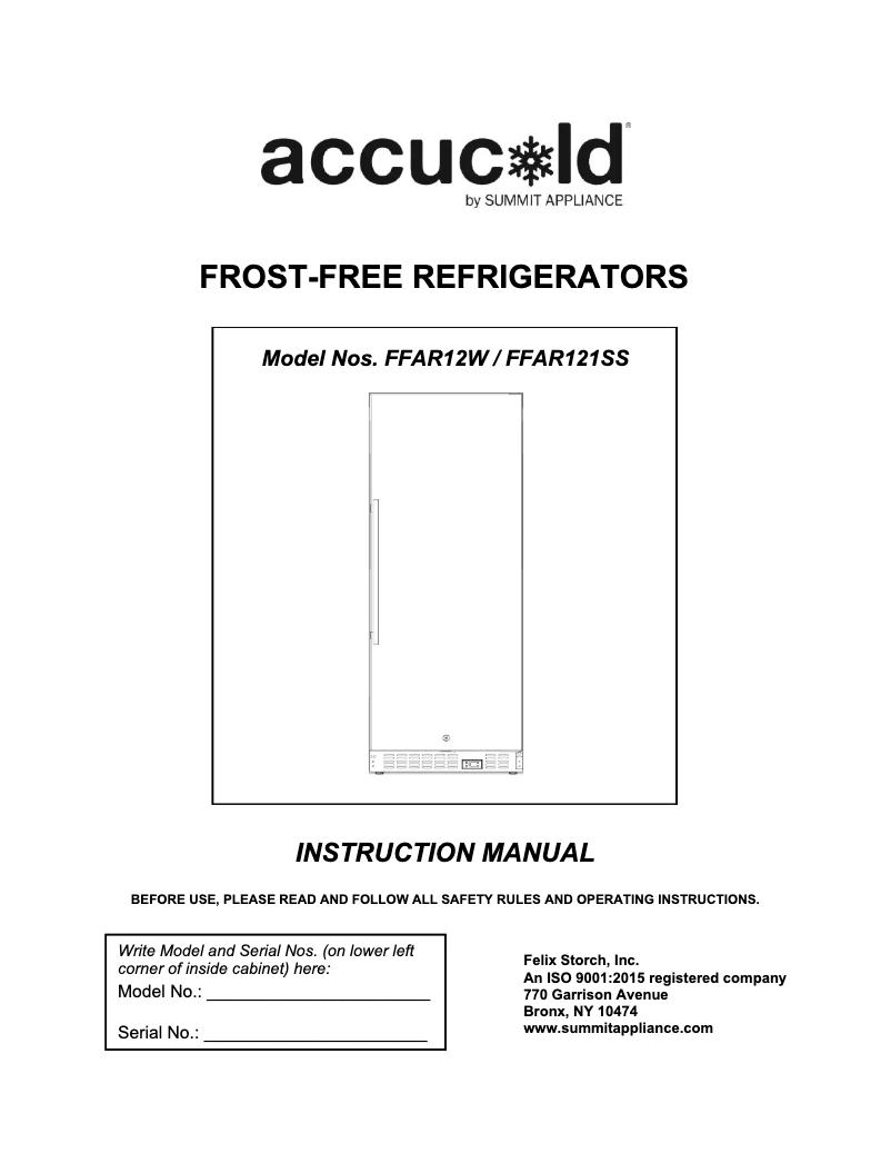 Page 1 de la notice Guide d'installation Summit Accucold FFAR12W