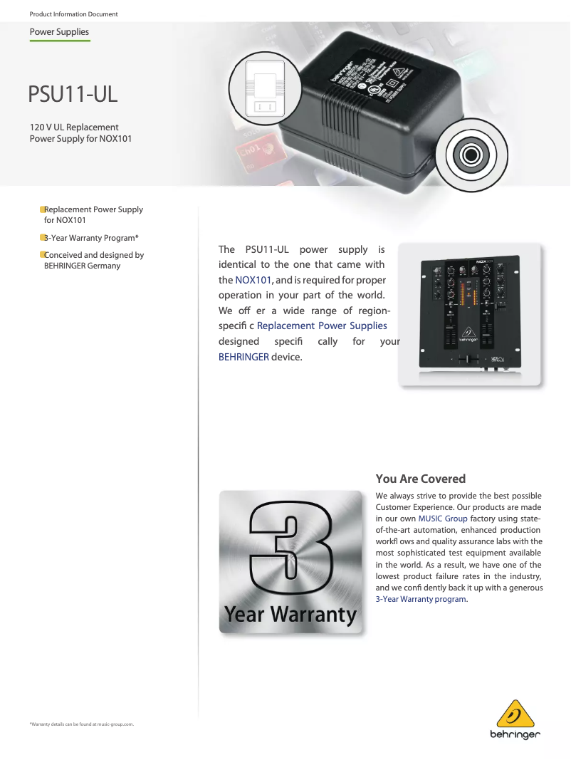 Page 1 de la notice Manuel utilisateur Behringer PSU11-UL