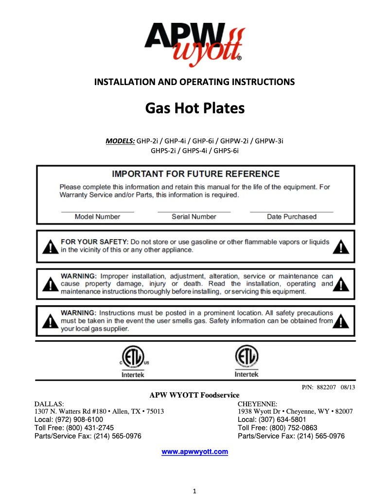Page 1 de la notice Manuel utilisateur APW Wyott GHP-6i
