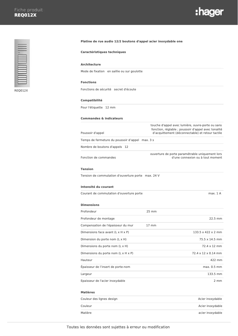 Page 1 de la notice Fiche technique Hager REQ012X