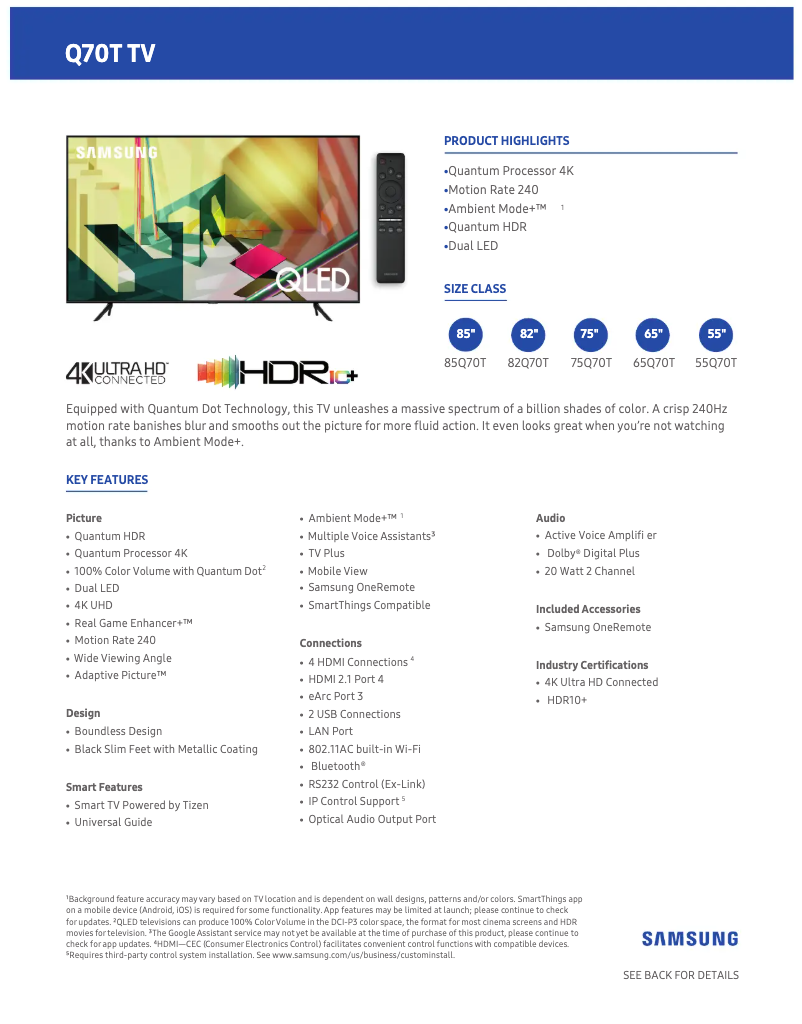 Page 1 de la notice Fiche technique Samsung QN82Q70TAFXZA