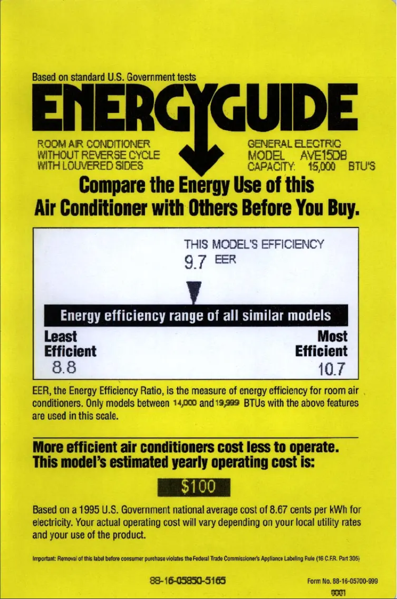 Page 1 de la notice Label énergétique GE AVE15DB