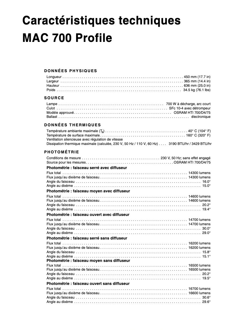 Page 1 de la notice Fiche technique Martin MAC 700 Profile