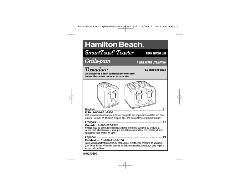 Page 1 of the manual User Manual Hamilton Beach 24444