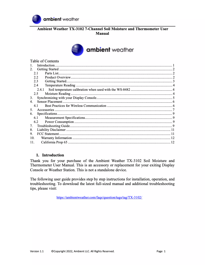 Page 1 de la notice Manuel utilisateur Ambient Weather TX-3102